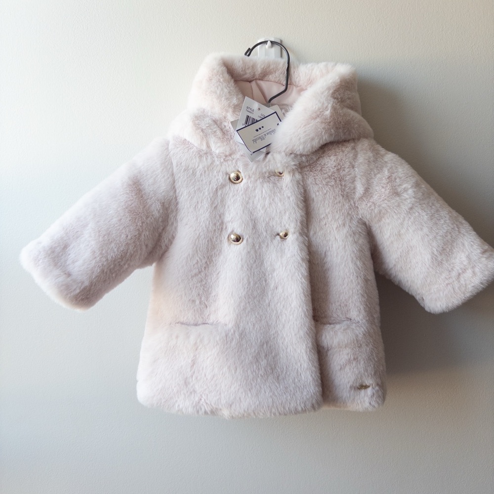 Tartine et Chocolat Plush Double-Breasted Hooded Coat in Pale Pink